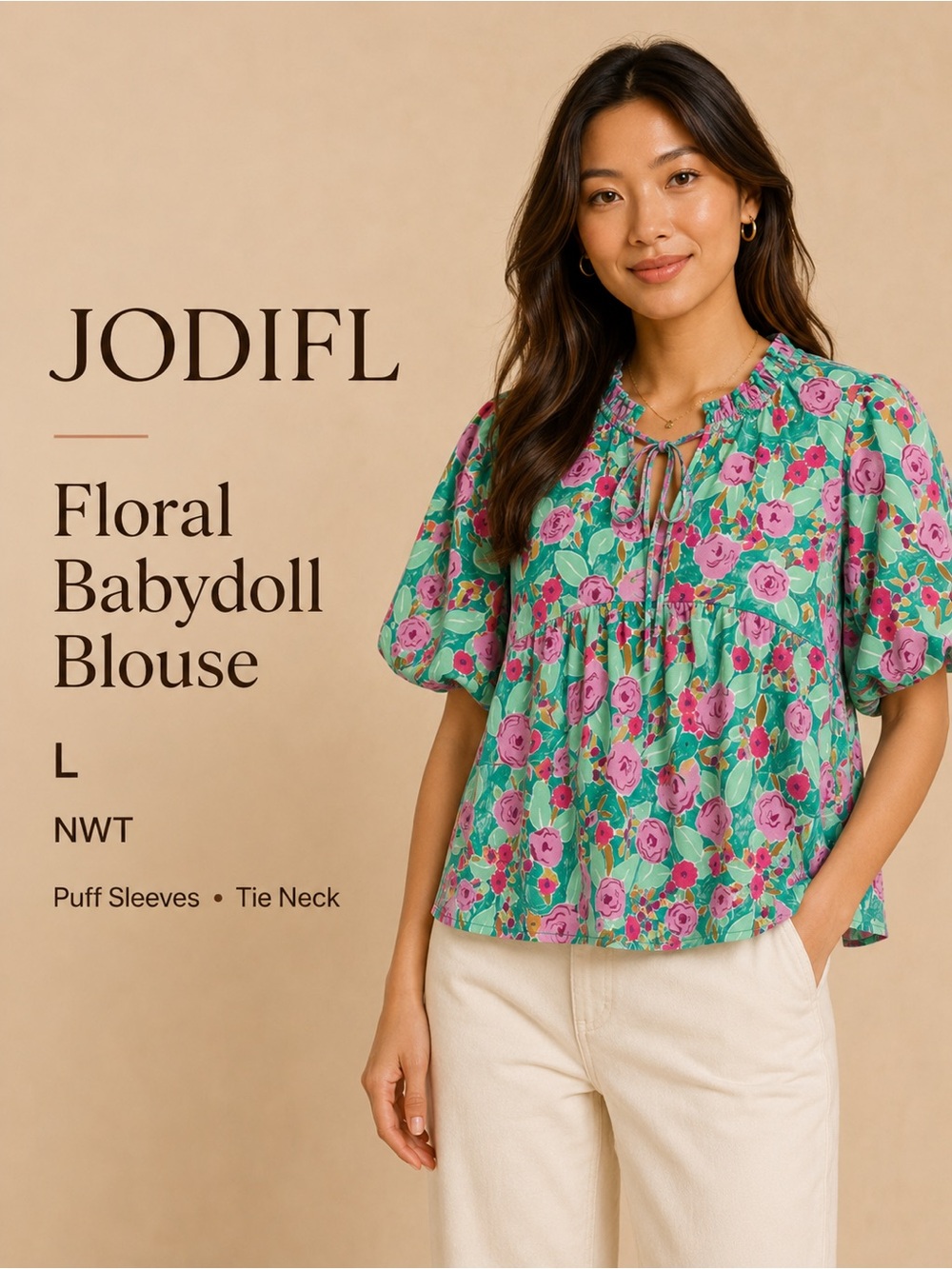JODIFL Floral Babydoll Blouse Green Pink Puff Sleeve Size L NWT